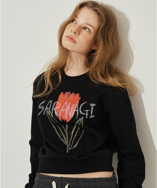 SARANAGI（サラナギ）の「SE05810- crop sweatshirt (black)（スウェット・レディース・ブラック・FREE）」の2枚目の写真