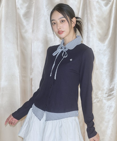 MSGirl(エムエスジーガール)の「フェイクレイヤードチェックシャツ(シャツ/ブラウス・レディース・グレー/ネイビー・F)」の2枚目の写真