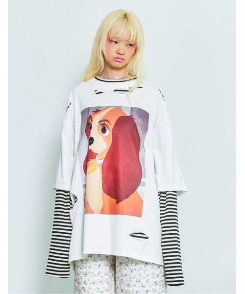 Little sunny bite（リトルサニーバイト）の「【8】【it】【little sunny bite Disney collection】 lady fake layered long tee（Tシャツ/カットソー・レディース・ピンク/ホワイト/ブラック・SMALL/MEDIUM）」の2枚目の写真