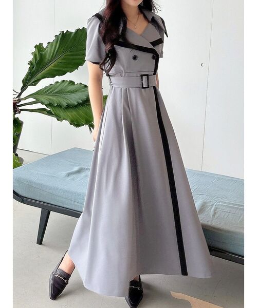 MERCURYDUO（マーキュリーデュオ）の「バイカラーハーフスリーブトレンチフレアワンピース（ワンピース・レディース・ミント/ベージュ/グレー/ブラック・SMALL/MEDIUM）」の6枚目の写真