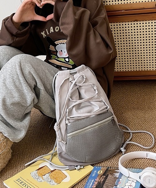 SHEPP（シープ）の「ドローストリング ナイロンバックパック ナップザック（バックパック/リュック・メンズ・グレー/ブラック・F）」の14枚目の写真