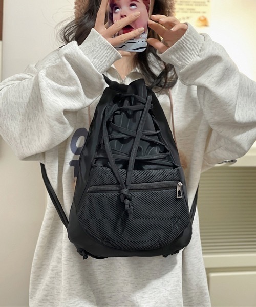 SHEPP（シープ）の「ドローストリング ナイロンバックパック ナップザック（バックパック/リュック・メンズ・グレー/ブラック・F）」の6枚目の写真