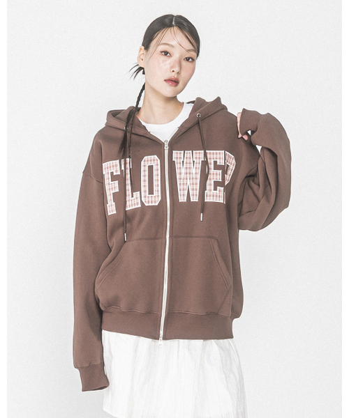 HAVISM(ヘビズム)の「CHECK PATCH FLOWER ZIP UP HOOD(BROWN)(パーカー・レディース・その他・ONE SIZE)」の1枚目の写真