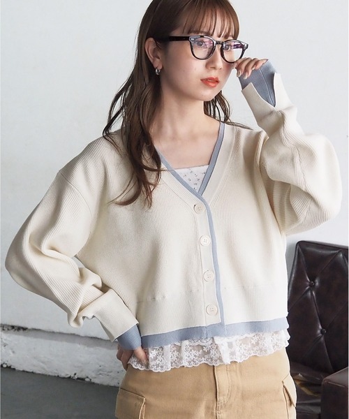 tiptop（ティップトップ）の「畦編配色Vネックショートカーディガン（カーディガン/ボレロ・レディース・グレー/チャコールグレー/アイボリー/ピンク・FREE）」の2枚目の写真