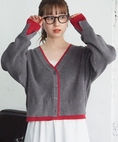 tiptop（ティップトップ）の「畦編配色Vネックショートカーディガン（カーディガン/ボレロ・レディース・グレー/チャコールグレー/アイボリー/ピンク・FREE）」の6枚目の写真