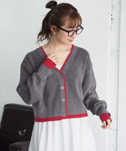 tiptop（ティップトップ）の「畦編配色Vネックショートカーディガン（カーディガン/ボレロ・レディース・グレー/チャコールグレー/アイボリー/ピンク・FREE）」の8枚目の写真