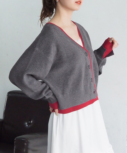 tiptop（ティップトップ）の「畦編配色Vネックショートカーディガン（カーディガン/ボレロ・レディース・グレー/チャコールグレー/アイボリー/ピンク・FREE）」の9枚目の写真