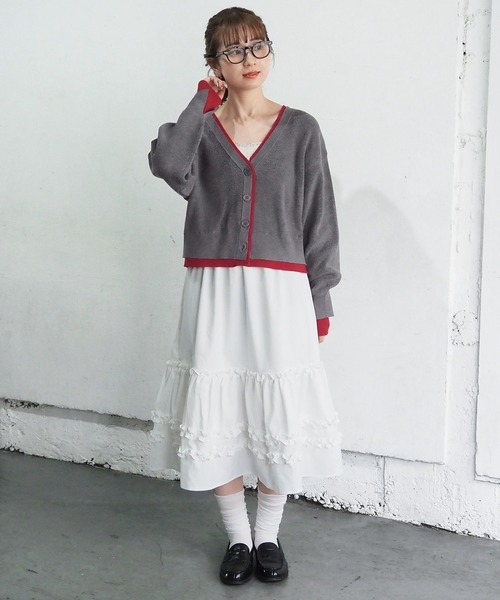 tiptop（ティップトップ）の「畦編配色Vネックショートカーディガン（カーディガン/ボレロ・レディース・グレー/チャコールグレー/アイボリー/ピンク・FREE）」の10枚目の写真