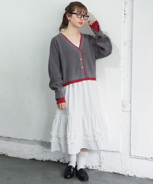 tiptop（ティップトップ）の「畦編配色Vネックショートカーディガン（カーディガン/ボレロ・レディース・グレー/チャコールグレー/アイボリー/ピンク・FREE）」の11枚目の写真