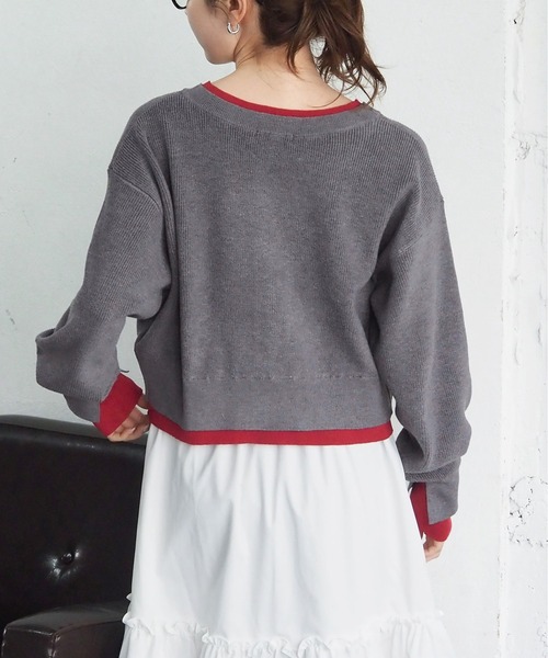 tiptop（ティップトップ）の「畦編配色Vネックショートカーディガン（カーディガン/ボレロ・レディース・グレー/チャコールグレー/アイボリー/ピンク・FREE）」の12枚目の写真