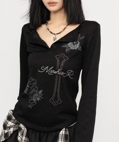 Vipoa(ヴィポア)の「Y2Kデザインヘンリーネックカットソー(Tシャツ/カットソー・レディース・ブラック/ライトグレー・FREE)」の11枚目の写真