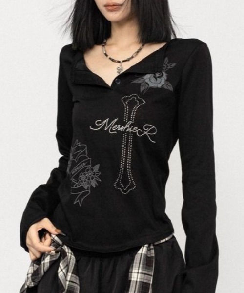 Vipoa(ヴィポア)の「Y2Kデザインヘンリーネックカットソー(Tシャツ/カットソー・レディース・ブラック/ライトグレー・FREE)」の3枚目の写真