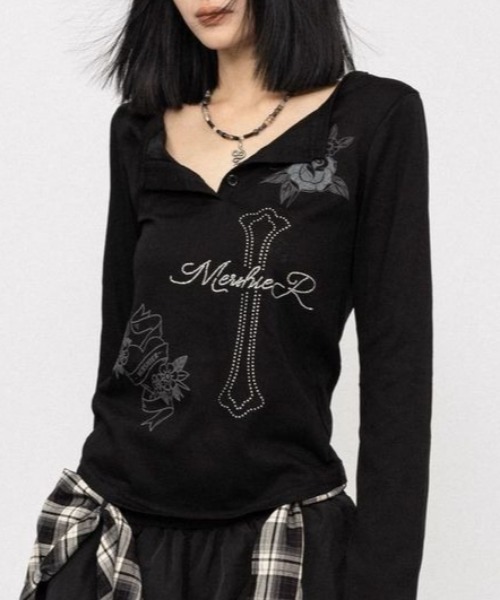 Vipoa(ヴィポア)の「Y2Kデザインヘンリーネックカットソー(Tシャツ/カットソー・レディース・ブラック/ライトグレー・FREE)」の4枚目の写真