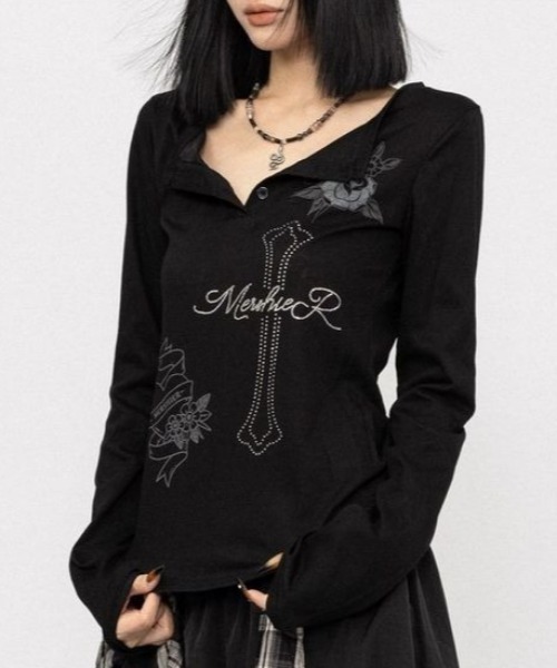 Vipoa(ヴィポア)の「Y2Kデザインヘンリーネックカットソー(Tシャツ/カットソー・レディース・ブラック/ライトグレー・FREE)」の5枚目の写真