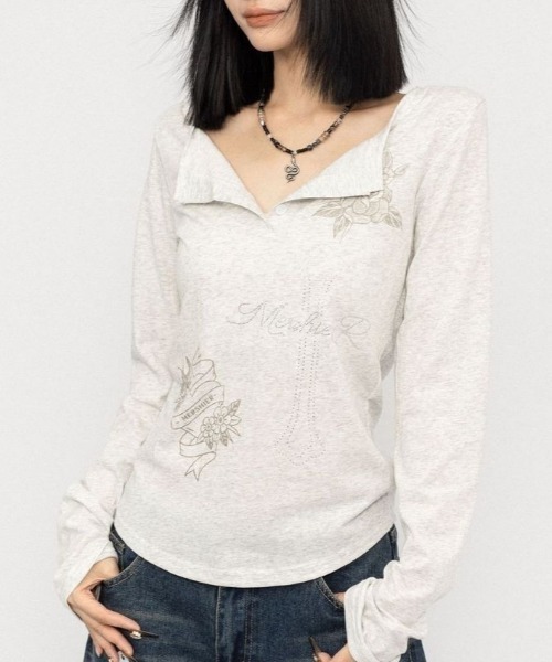 Vipoa(ヴィポア)の「Y2Kデザインヘンリーネックカットソー(Tシャツ/カットソー・レディース・ブラック/ライトグレー・FREE)」の7枚目の写真