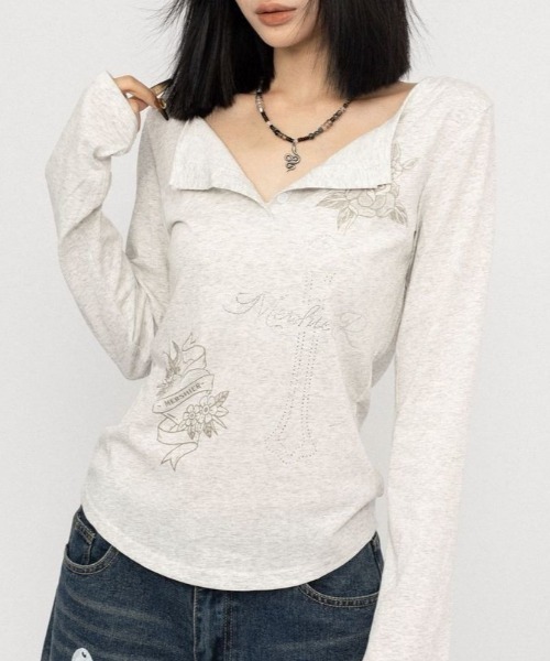 Vipoa(ヴィポア)の「Y2Kデザインヘンリーネックカットソー(Tシャツ/カットソー・レディース・ブラック/ライトグレー・FREE)」の8枚目の写真
