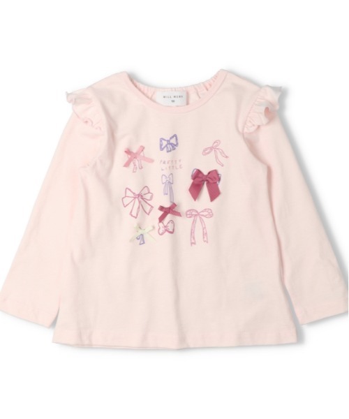 Will Mery（ウイルメリィ）の「【WEB限定】リボン付プリント肩フリル長袖Tシャツ（Tシャツ/カットソー・キッズ・ピンク/スミクロ・80/130/120/110/100/90）」の2枚目の写真