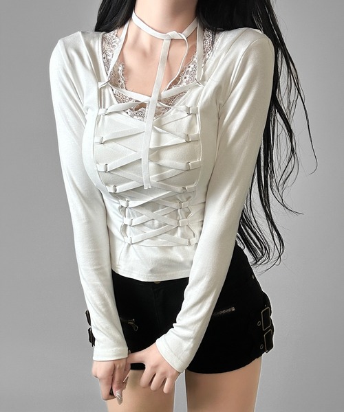 セール】3color/フロントレースアップトップス（Tシャツ/カットソー
