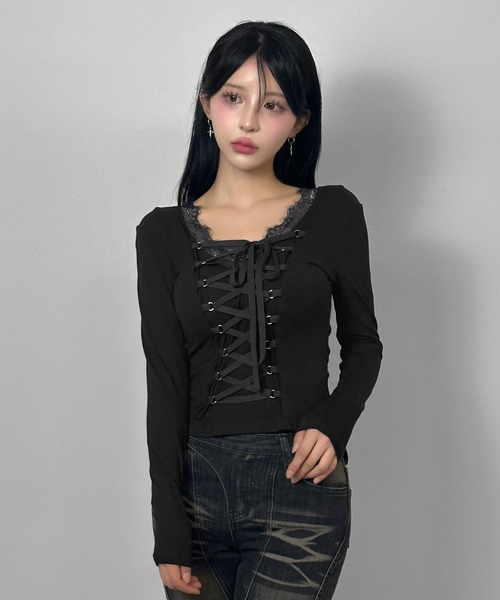 FOLLOWIN（フォロウィン）の「3color/フロントレースアップトップス（Tシャツ/カットソー・レディース・ホワイト/グレー/ブラック・FREE）」の22枚目の写真