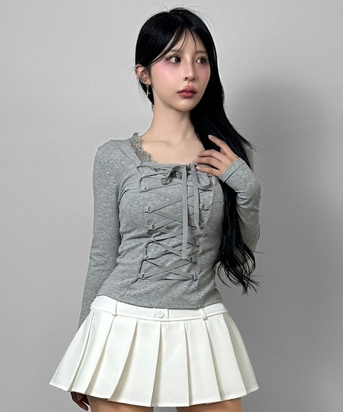 FOLLOWIN（フォロウィン）の「3color/フロントレースアップトップス（Tシャツ/カットソー・レディース・ホワイト/グレー/ブラック・FREE）」の21枚目の写真