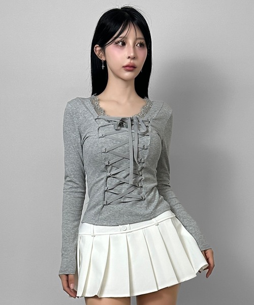 FOLLOWIN（フォロウィン）の「3color/フロントレースアップトップス（Tシャツ/カットソー・レディース・ホワイト/グレー/ブラック・FREE）」の16枚目の写真