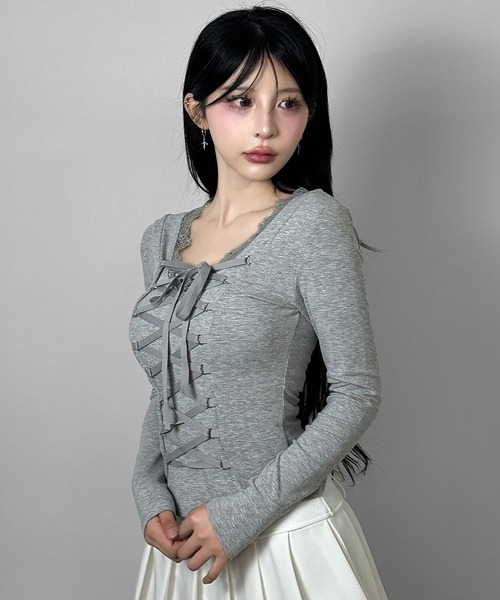 FOLLOWIN（フォロウィン）の「3color/フロントレースアップトップス（Tシャツ/カットソー・レディース・ホワイト/グレー/ブラック・FREE）」の17枚目の写真