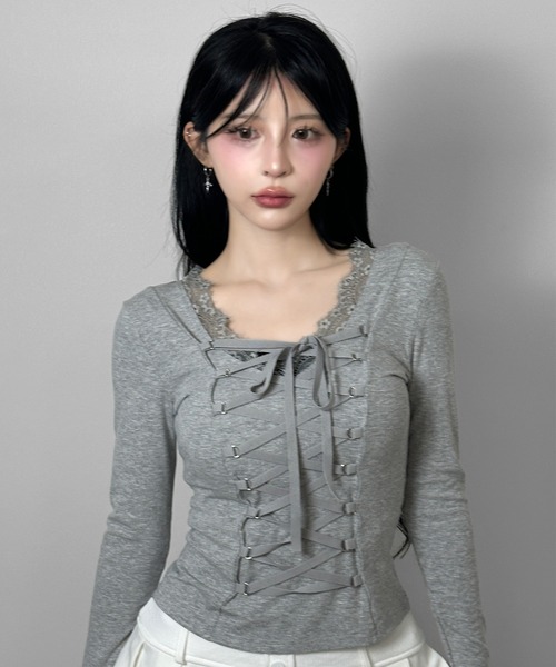 FOLLOWIN（フォロウィン）の「3color/フロントレースアップトップス（Tシャツ/カットソー・レディース・ホワイト/グレー/ブラック・FREE）」の10枚目の写真