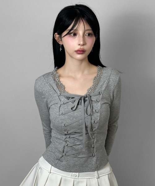 FOLLOWIN（フォロウィン）の「3color/フロントレースアップトップス（Tシャツ/カットソー・レディース・ホワイト/グレー/ブラック・FREE）」の12枚目の写真