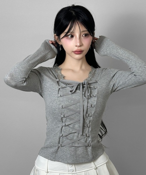 FOLLOWIN（フォロウィン）の「3color/フロントレースアップトップス（Tシャツ/カットソー・レディース・ホワイト/グレー/ブラック・FREE）」の13枚目の写真