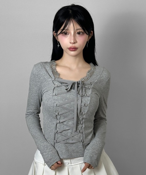 FOLLOWIN（フォロウィン）の「3color/フロントレースアップトップス（Tシャツ/カットソー・レディース・ホワイト/グレー/ブラック・FREE）」の14枚目の写真