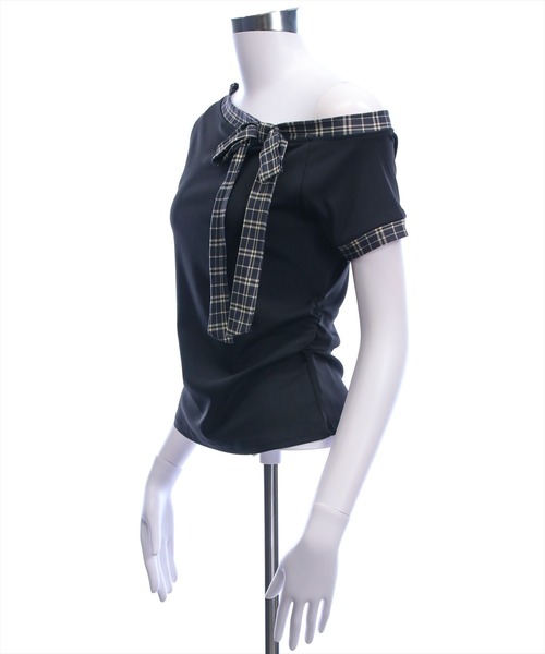 clear（クリア）の「チェックリボンワンショル半袖カットソー［骨格ウェーブ/韓国ファッション/Y2K］（Tシャツ/カットソー・レディース・アイボリー/ブラック・F）」の16枚目の写真