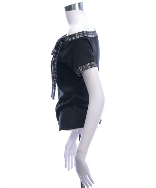 clear（クリア）の「チェックリボンワンショル半袖カットソー［骨格ウェーブ/韓国ファッション/Y2K］（Tシャツ/カットソー・レディース・アイボリー/ブラック・F）」の17枚目の写真