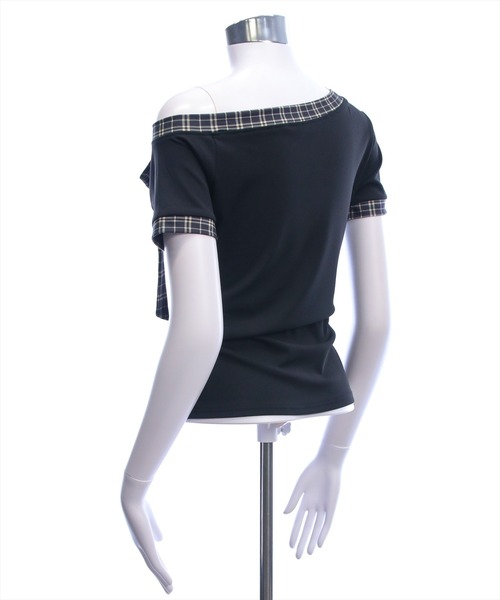 clear（クリア）の「チェックリボンワンショル半袖カットソー［骨格ウェーブ/韓国ファッション/Y2K］（Tシャツ/カットソー・レディース・アイボリー/ブラック・F）」の18枚目の写真