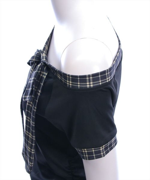 clear（クリア）の「チェックリボンワンショル半袖カットソー［骨格ウェーブ/韓国ファッション/Y2K］（Tシャツ/カットソー・レディース・アイボリー/ブラック・F）」の20枚目の写真