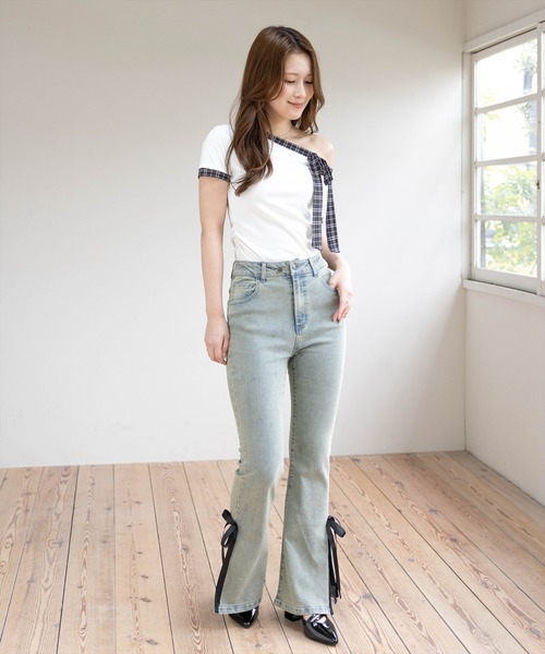 clear（クリア）の「チェックリボンワンショル半袖カットソー［骨格ウェーブ/韓国ファッション/Y2K］（Tシャツ/カットソー・レディース・アイボリー/ブラック・F）」の11枚目の写真