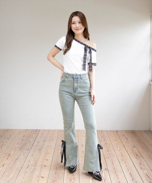 clear（クリア）の「チェックリボンワンショル半袖カットソー［骨格ウェーブ/韓国ファッション/Y2K］（Tシャツ/カットソー・レディース・アイボリー/ブラック・F）」の12枚目の写真