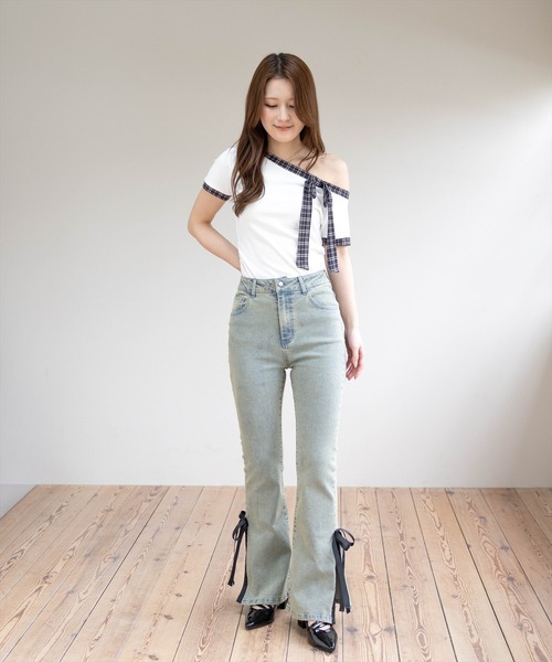 clear（クリア）の「チェックリボンワンショル半袖カットソー［骨格ウェーブ/韓国ファッション/Y2K］（Tシャツ/カットソー・レディース・アイボリー/ブラック・F）」の13枚目の写真