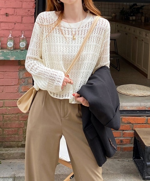 AMAJI(アマジ)の「【トレンド】透かし編み メッシュニット プルオーバー / かぎ針編み / シアーニット / レイヤード / 韓国ファッション / 2026 SS(Tシャツ/カットソー・レディース・ブラウン/ホワイト/カーキ/ブラック/ベージュ・FREE)」の9枚目の写真