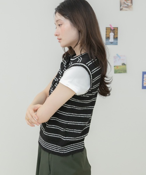HEILIS（ヘイリス）の「ボーダーニットタンクトップ / ニットタンクトップ ニットベスト ボーダーニット ボーダートップス ノースリーブトップス ヘンリーネック フロントボタン レイヤードトップス サマーニット 春服 夏服 秋服 カジュアル フレンチカジュアル 韓国 大人カジュアル デイリー（タンクトップ・レディース・ブラック/グレー/アイボリー・FREE）」の14枚目の写真