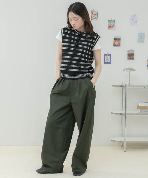HEILIS（ヘイリス）の「ボーダーニットタンクトップ / ニットタンクトップ ニットベスト ボーダーニット ボーダートップス ノースリーブトップス ヘンリーネック フロントボタン レイヤードトップス サマーニット 春服 夏服 秋服 カジュアル フレンチカジュアル 韓国 大人カジュアル デイリー（タンクトップ・レディース・ブラック/グレー/アイボリー・FREE）」の17枚目の写真