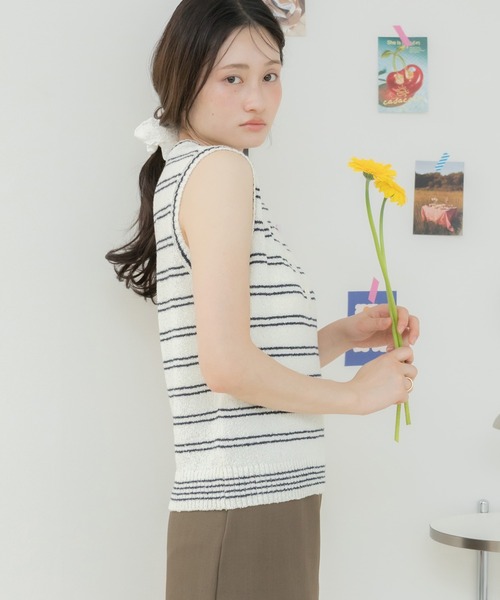 HEILIS（ヘイリス）の「ボーダーニットタンクトップ / ニットタンクトップ ニットベスト ボーダーニット ボーダートップス ノースリーブトップス ヘンリーネック フロントボタン レイヤードトップス サマーニット 春服 夏服 秋服 カジュアル フレンチカジュアル 韓国 大人カジュアル デイリー（タンクトップ・レディース・ブラック/グレー/アイボリー・FREE）」の6枚目の写真