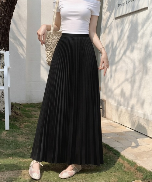 AMAJI(アマジ)の「サテン プリーツ スカート ハイウエスト ロングスカート(スカート・レディース・ライトパープル/ブラック/ホワイト/ライトブラウン・FREE)」の1枚目の写真