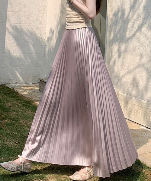 AMAJI(アマジ)の「サテン プリーツ スカート ハイウエスト ロングスカート(スカート・レディース・ライトパープル/ブラック/ホワイト/ライトブラウン・FREE)」の5枚目の写真