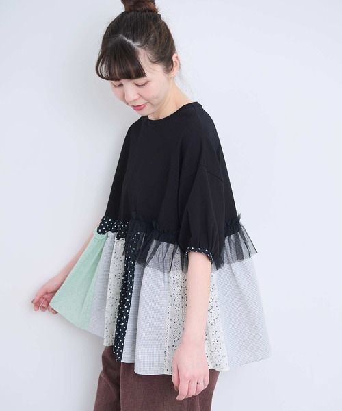 l'atelier du savon(アトリエドサボン)の「コラージュパッチワーク チュニックプルオーバー(Tシャツ/カットソー・レディース・アイボリー/ネイビー/ブラック・FREE)」の2枚目の写真