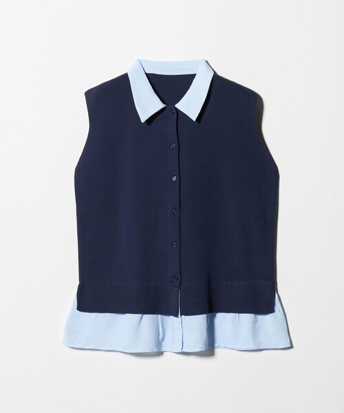 UNITED ARROWS ノースリーブネイビー/水色 シャツドッキング ノースリーブニット ‐ウォッシャブル‐ ＜A DAY IN