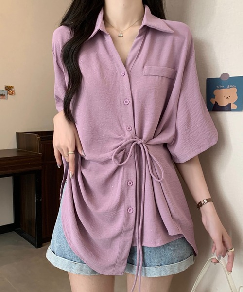 AMAJI(アマジ)の「スパンコール アシンメトリー リボン付き 半袖ブラウス(シャツ/ブラウス・レディース・ホワイト/ブラック/パープル・MEDIUM/LARGE/X-LARGE)」の3枚目の写真