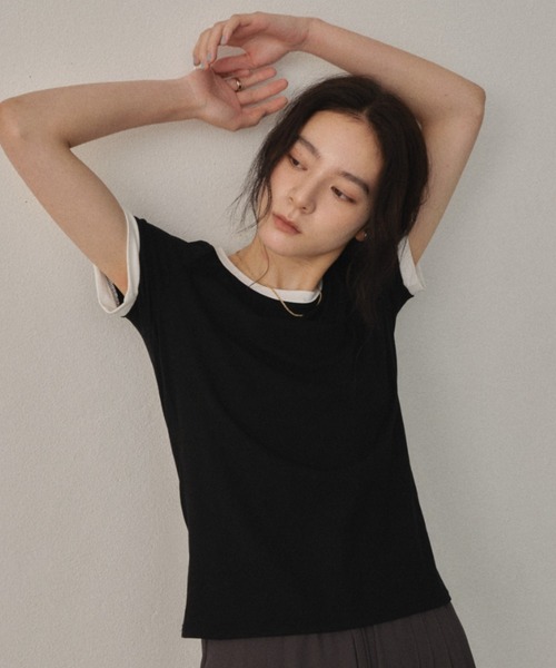 Shelly island（シェリーアイランド）の「配色リンガーTシャツ（Tシャツ/カットソー・レディース・ブラウン/ホワイト/ブラック・FREE）」の3枚目の写真