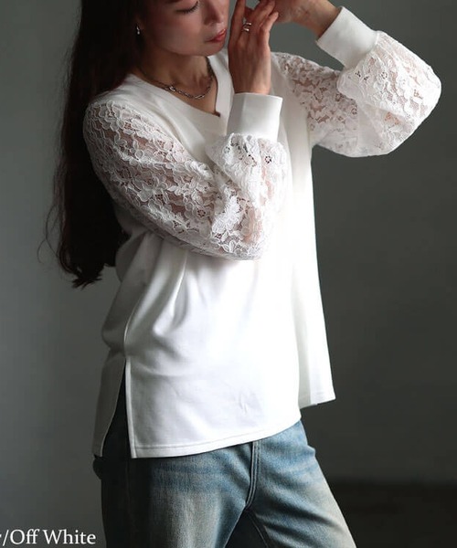 GOLDJAPAN(ゴールドジャパン)の「レース袖切り替えVネックプルオーバー【大きいサイズ対応】(Tシャツ/カットソー・レディース・ブルー/オフホワイト/ブラック・LL/5L/4L/3L)」の2枚目の写真