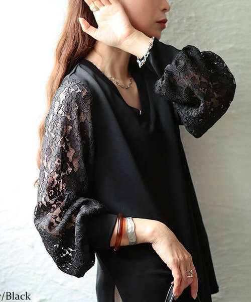 GOLDJAPAN(ゴールドジャパン)の「レース袖切り替えVネックプルオーバー【大きいサイズ対応】(Tシャツ/カットソー・レディース・ブルー/オフホワイト/ブラック・LL/5L/4L/3L)」の1枚目の写真