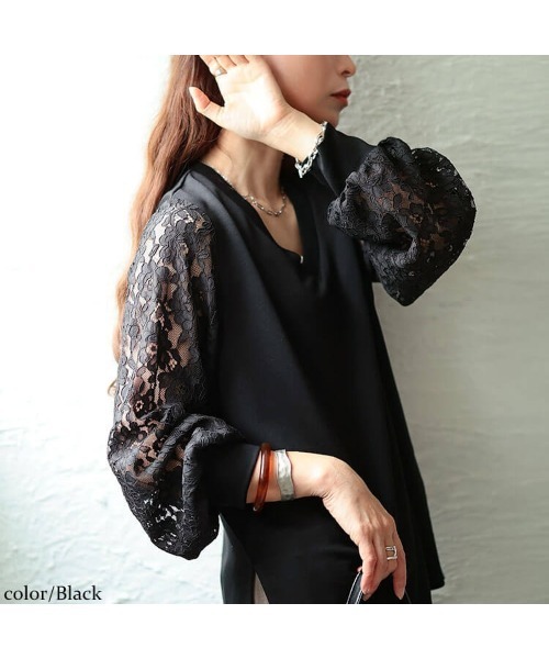 GOLDJAPAN(ゴールドジャパン)の「レース袖切り替えVネックプルオーバー【大きいサイズ対応】(Tシャツ/カットソー・レディース・ブルー/オフホワイト/ブラック・LL/5L/4L/3L)」の14枚目の写真